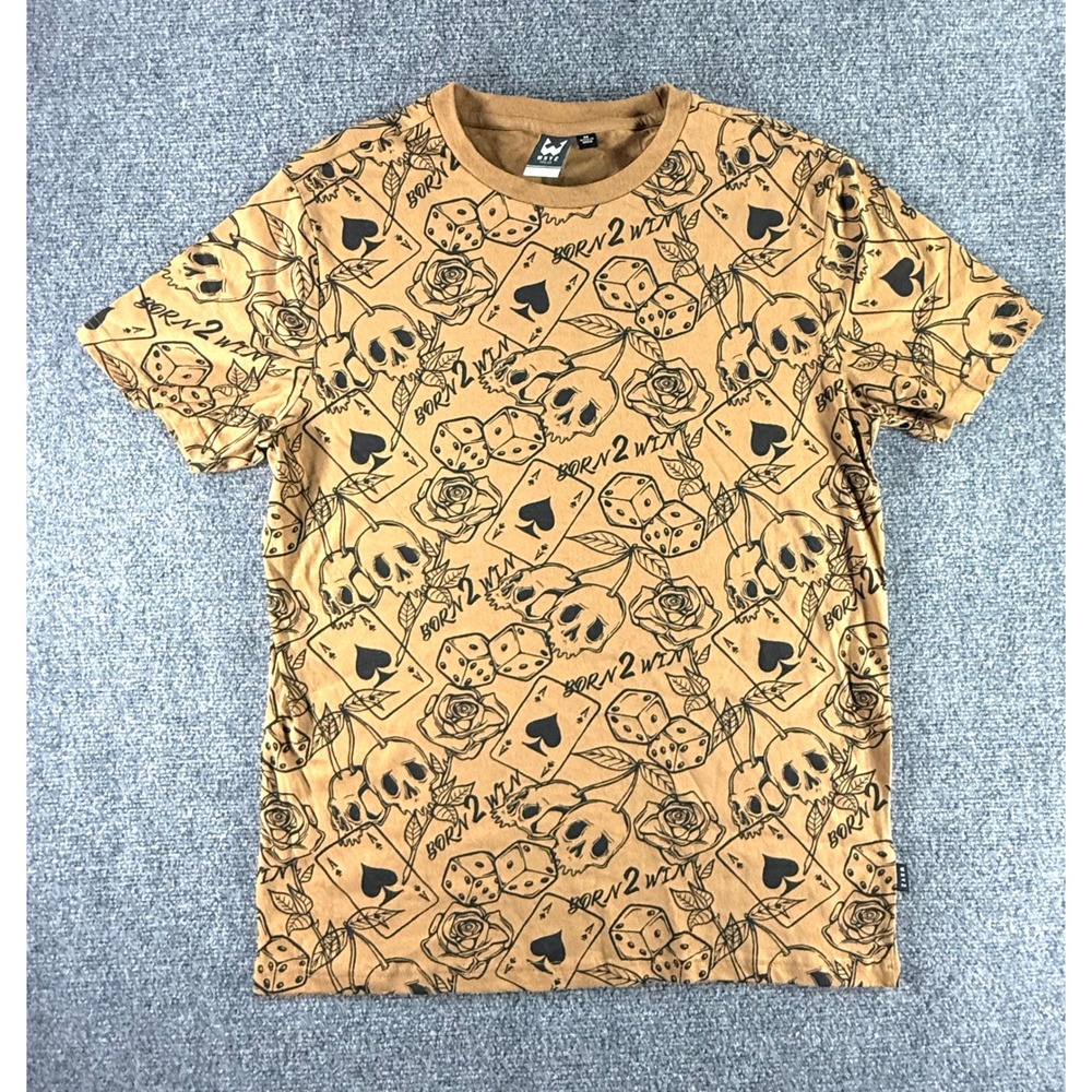 WXYZ MFG CO Mens Born 2 Win Skull Rose Dice Graphic T-Shirt Tan Brown Size M